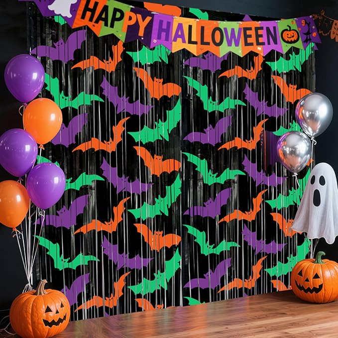 2 Packs Bat Foil Fringe Curtains - Purple Orange Green Halloween Door Streamers for Photo Backdrop, 3.3 x 6.6 ft Tinsel Curtains for Beetlejuice, Monster or Neon Glow Party Decorations