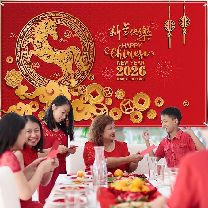 Sumind 72.8 x 43.3 Large Chinese Lunar New Year Decoration 2026 Backdrop, Year of The Horse Background Banner for Holiday Chinese Spring Festival Party