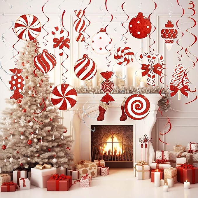 Candy Cane Christmas Party Decorations - 20pcs Red Candy Cane Lollipop Peppermint Christmas Hanging Swirls Decorations for Xmas Home Candyland Winter Holiday Party Decor Supplies