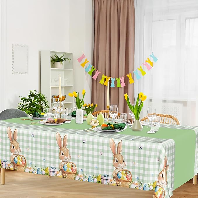 QZYL 3 Pack Easter Tablecloths, 54" x 108" Disposable Easter Decorations, Sage Green Bunny Plaid Spring Tablecloth, Rectangle Plastic Easter Table Cloth with Easter Party Decorations Supplies Favors