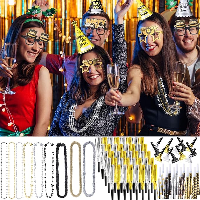 Gueevin 422 Pcs New Year's Eve Party Supplies Kit 2026 for 120 Guests, Including Happy New Year Banner & Backdrop, 60 Blowouts, 60 Squawkers, 60 Horns, 60 Hats, 60 Glasses, 60 Necklaces, 60 Leis