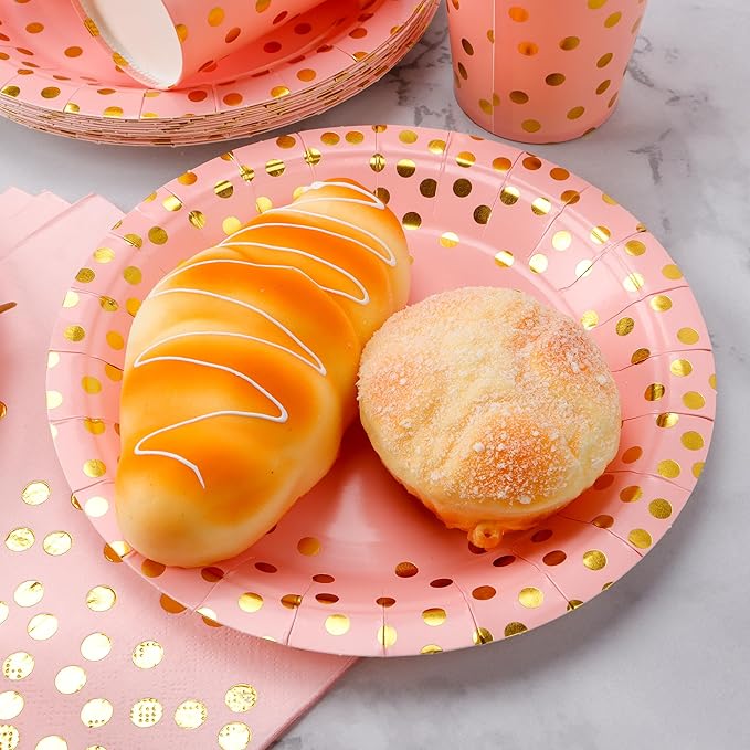 160 Pcs Pink And Gold Paper Plates(7 inches), Birthday Cake Party Plates And Napkins, Wedding Disposable Utensils Serves 40 (Pink)