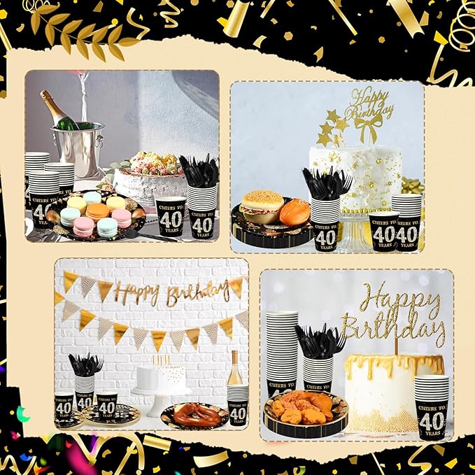 240 Pcs 40th Birthday Decorations 1986 Birthday Party Tableware Include Plates Napkins 9oz Cups Cutlery 40th Anniversary Party Supplies for Men Women Him Her, Serve 30 Guests (Black Gold)