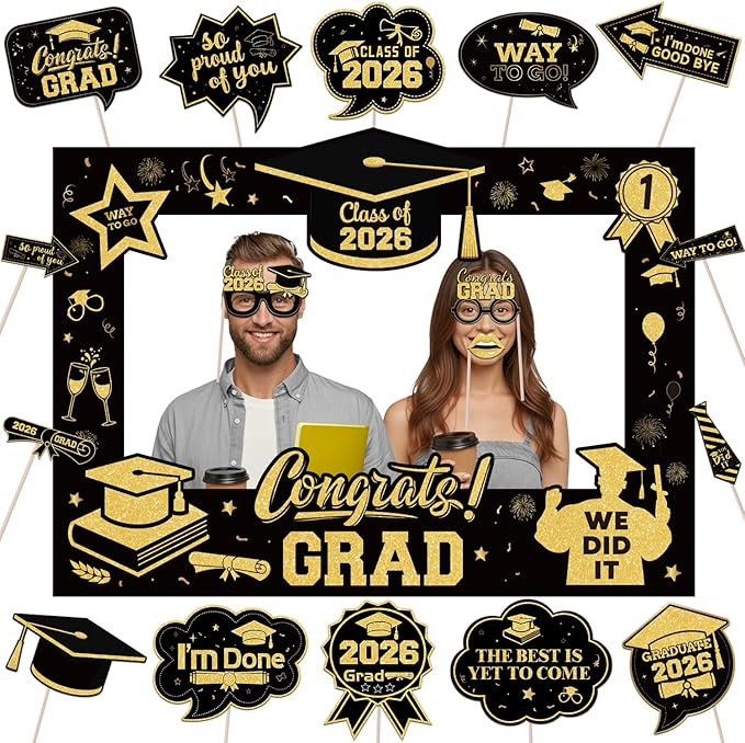 Black and Gold Graduation Decorations 2026 18Pcs, Graduation Photo Props Set with 27x19 Inch Photo Booth Frame and 17 Handheld Signs for Graduation Party Supplies Class of 2026