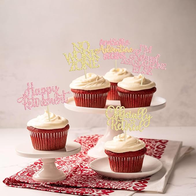 Gyufise 30Pcs Happy Retirement Cupcake Toppers Officially Retired Cake Toppers No Work Zone Adventure Begins Cupcake Picks for Retirement Theme Farewell Birthday Party Decorations Supplies Pink Gold