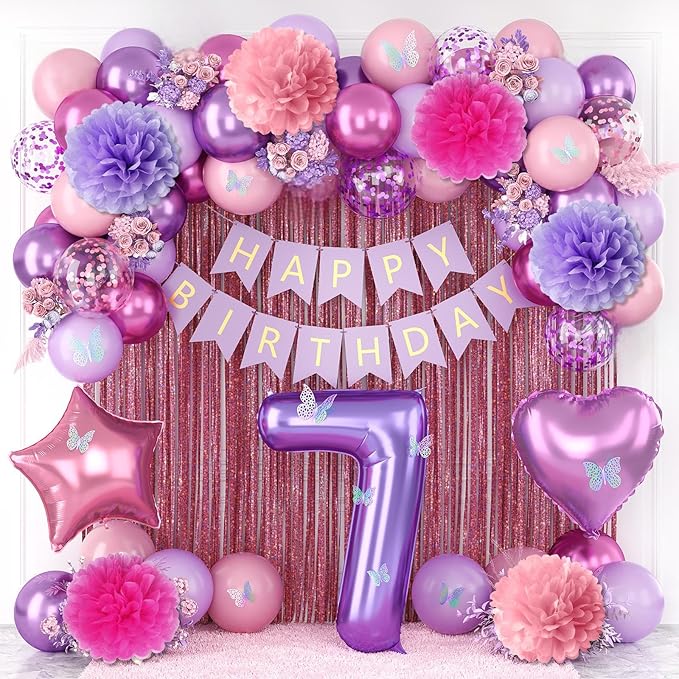 Pink Purple 7th Birthday Party Decorations for Girls Number 7 Balloon Happy Birthday Banner Butterfly Stickers Fringe Curtain Paper Pom Poms Metallic Hot Pink Star Foil Balloons 7 Year Old Princess