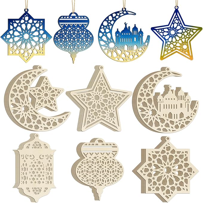 36PCS Wooden Ramadan Decorations Eid Islam Mubarak Ornaments Mubarak Hanging Hollow Pendant to Paint, DIY Blank Unfinished Wood Moon Cutouts Crafts Hanging Al Adha Star Lantern for Muslim Festive