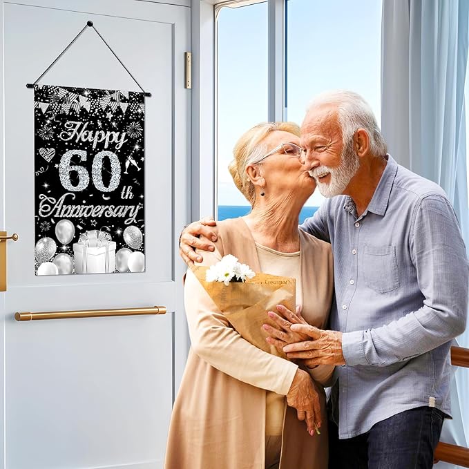 60th Anniversary Decorations Small Banner Black Silver Happy 60th Anniversary Door Hanging Banner Porch Front Door Decor for Women Men 60 Years Diamond Wedding Anniversaries Cruise Door Sign Supplies