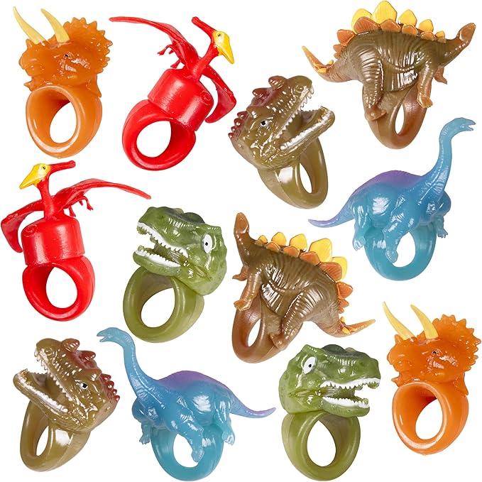 Kangaroo 12 Pack Dinosaur LED Light up Rings Bulk - Flashing Colorful LED Finger Lights Party Favors for Fun - Glow in the Dark Bumpy Blinky Rings for Rave Trinkets and Easter Basket Stuffers for kids