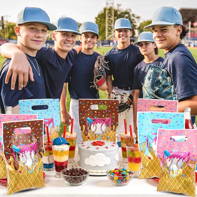 Glenmal 50 Pcs Baseball Ice Cream Drip Party Favors Gift Bags Plastic Ice Cream Baseball Goodie Candy Treat Snack Bags for Birthday Party Supplies
