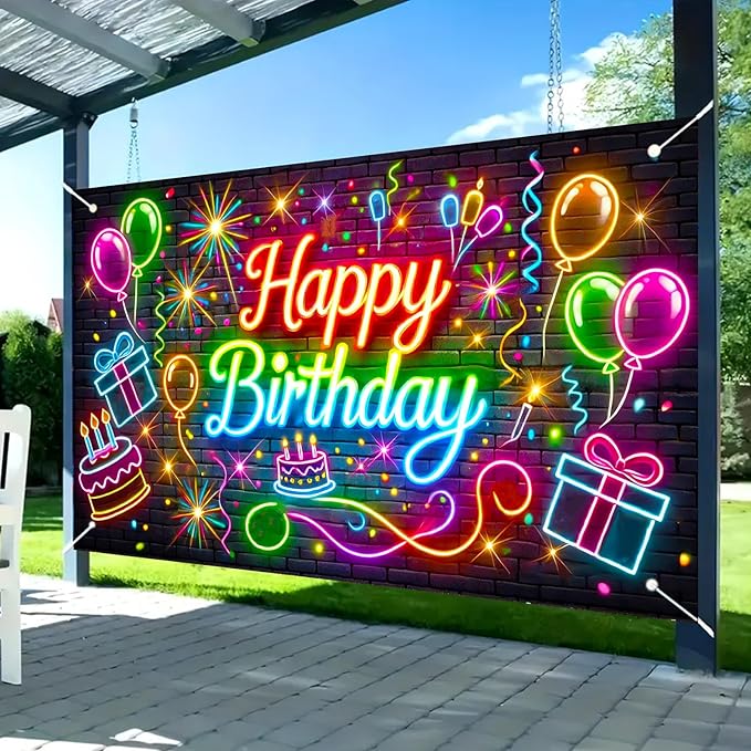 Nuxovilar Neon Brick Wall “Happy Birthday” Party Decor Banner, Colorful Streamers Pattern Backdrop for Birthday Celebrations, Yard Sign Background, 71x43 Inch