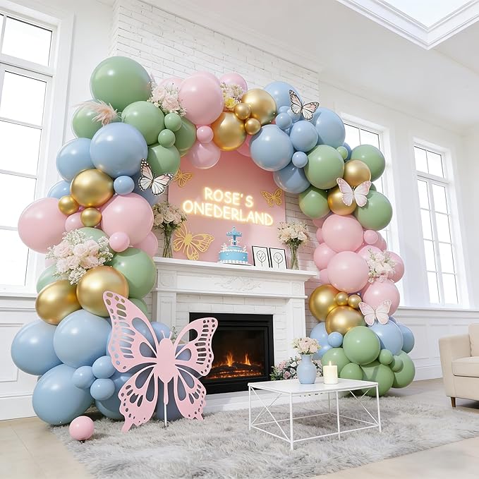 Pink and Green Balloon Arch Garland Kit, Sage Green and Pastel Pink Blue Metallic Gold Balloons, Woodland Balloons for Girls Baby Shower Floral Wonderland Spring Garden Tea Birthday Party Decorations