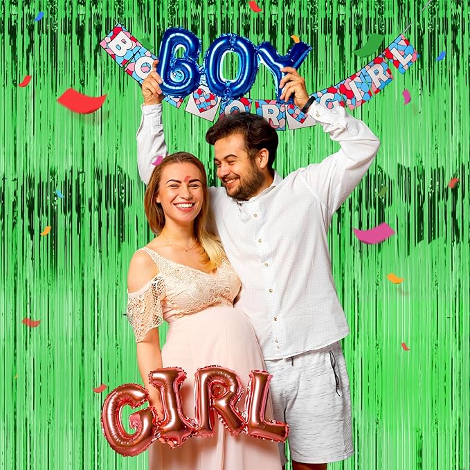 2 Pack 3ft x 8ft Foil Fringe Backdrop Curtain, Metallic Tinsel Foil Fringe Curtains, Party Streamers Backdrop, Baby Shower Birthday Holiday Celebration,Party Decorations (Green)