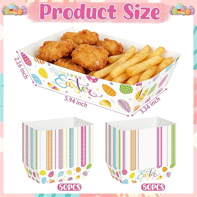 100 Pcs Easter Food Trays, Happy Easter Decor Serving Trays, 2 Style Disposable Paper Spring Decor, Large Multicolor Egg Decoration for Party Table Supplies for Snack Food, 5.94 X 3.34 X 2.16 Inches