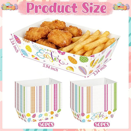 100 Pcs Easter Food Trays, Happy Easter Decor Serving Trays, 2 Style Disposable Paper Spring Decor, Large Multicolor Egg Decoration for Party Table Supplies for Snack Food, 5.94 X 3.34 X 2.16 Inches
