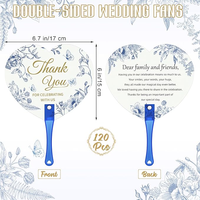 Aneco 120 Pieces Wedding Hand Plastic Fans with Wedding Table Sign Handheld Plastic Fan with Handle for Guests Bulk Wedding Hand Fans for Wedding Ceremony Bridal Shower, Blue Floral
