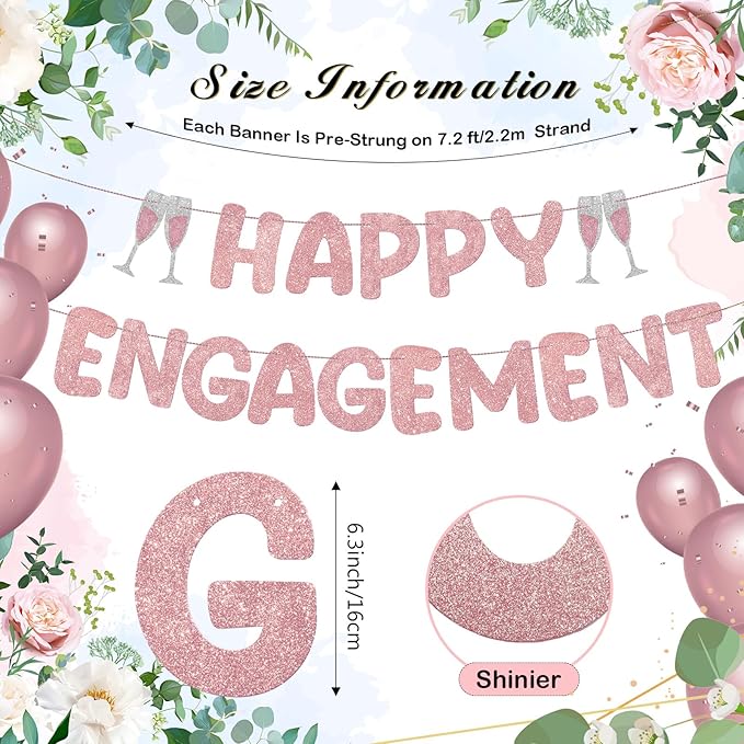 Breling Pre Strung Happy Engagement Banner Glitter Engagement Party Decorations for Congratulations Engaged Wedding Shower Signs Decor(Rose Gold)