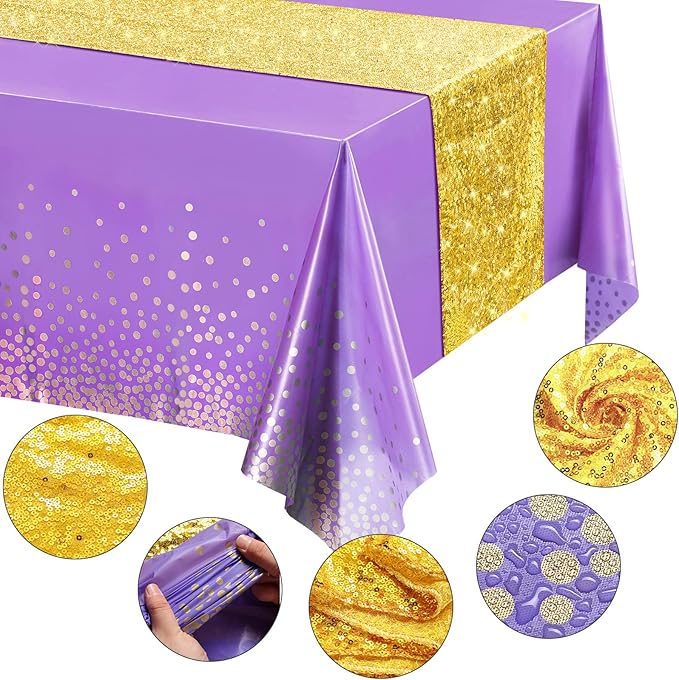 Irenare Tablecloth and Sequin Table Runner Set Polka Dots Confetti Table Cover Dining Plastic Tablecloths Glitter Decorations for Birthday Wedding Anniversary Party Supplies(Purple, Gold,2 Pcs)