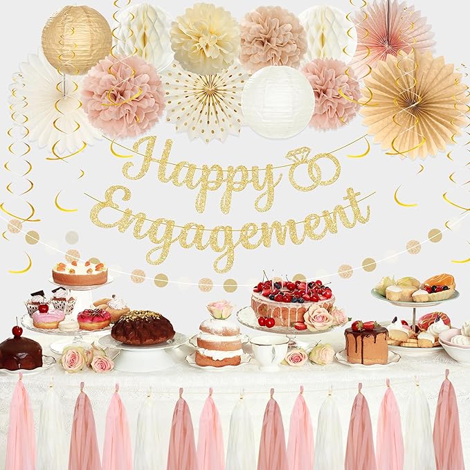 Roetyce Engagement Party Decorations, Champagne Pink Glitter Happy Engagement Banner, Almost Married/Just Engaged Photo Background, Gold Congratulations Wedding Bachelorette Backdrop Decor