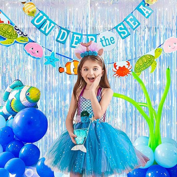 MYUPDALIN 2 Pack Iridescent Party Streamers Backdrop Foil Fringe Curtain for Mermaid Freezing Ocean Theme Party Decorations