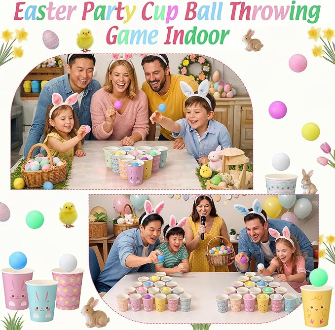 Easter Throwing Toss Game for Family 50 Bunny Paper Cups 24 Colorful Balls Easter Activities Spring Carnival Throwing Toss Game for Gatherings Outdoor Indoor Prize Party Supplies