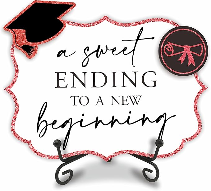 5"X7" Red Grad Party Wooden Table Sign - A Sweet Ending To A New Beginning - Buffet Sign, Treat Sign With Metal Support & 2 DIY Wood Decor With Velcro, Grad Party Decorations & Supplies - B06