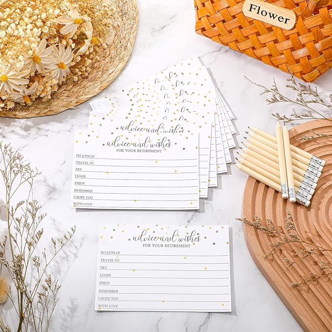 Fumete 50 Pcs Retirement Party Advice and Wishes Cards with 10 Small Pencils 1 Cardstock Place Card Retired Ideas Supplies for Retirement Party Favors and Going Away Decorations