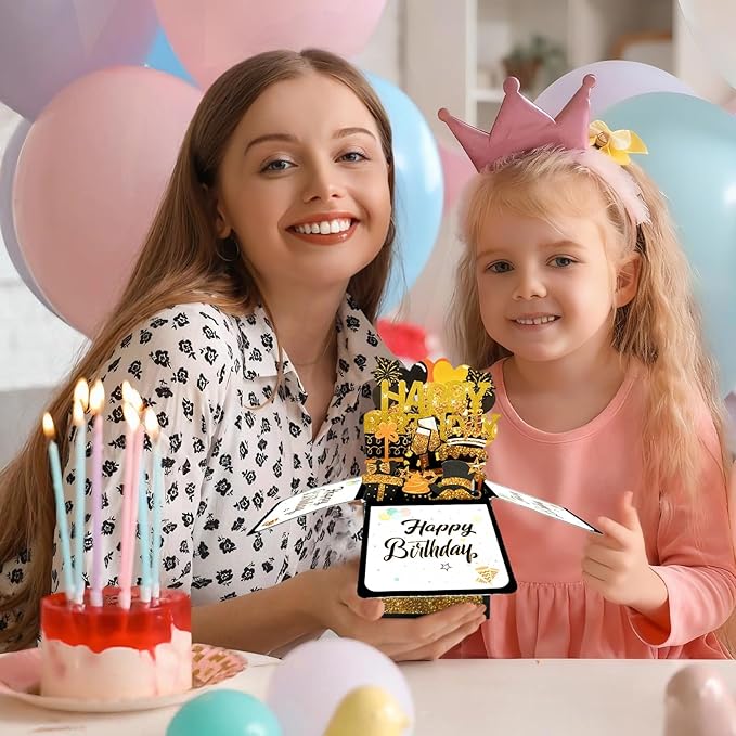 2 Pcs Sweet Happy Birthday Pop Up Card, Funny 3D Birthday Gift Box for Adults and Kids with Envelopes, Unique Handmade Foldable Celebration Cards for Daughter,Son,Mom,Dad,Husband,Friend (Black pink cake)