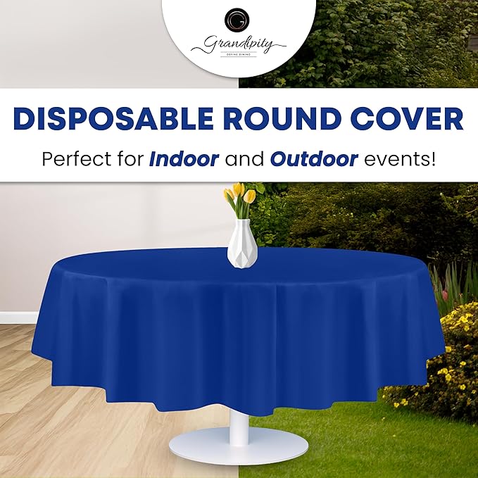Grandipity 12 Pack Premium Disposable Plastic Tablecloth 84" Inch Decorative Round Table Cover - Blue