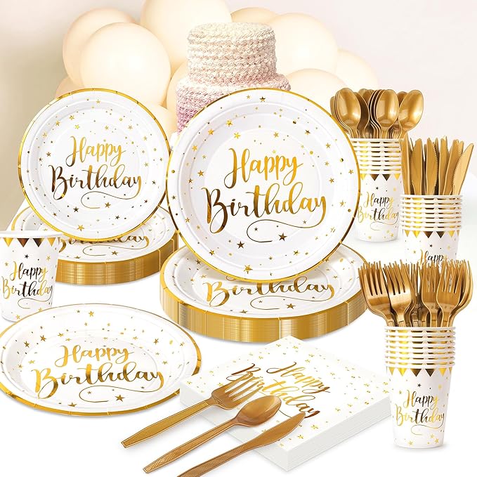 White and Gold Happy Birthday Party Plates Set, 168PCS Stars Dots Paper Plates Napkins Cups and Gold Cutlery Set, 24 Set Disposable Tableware Set for Birthday Party Decorations
