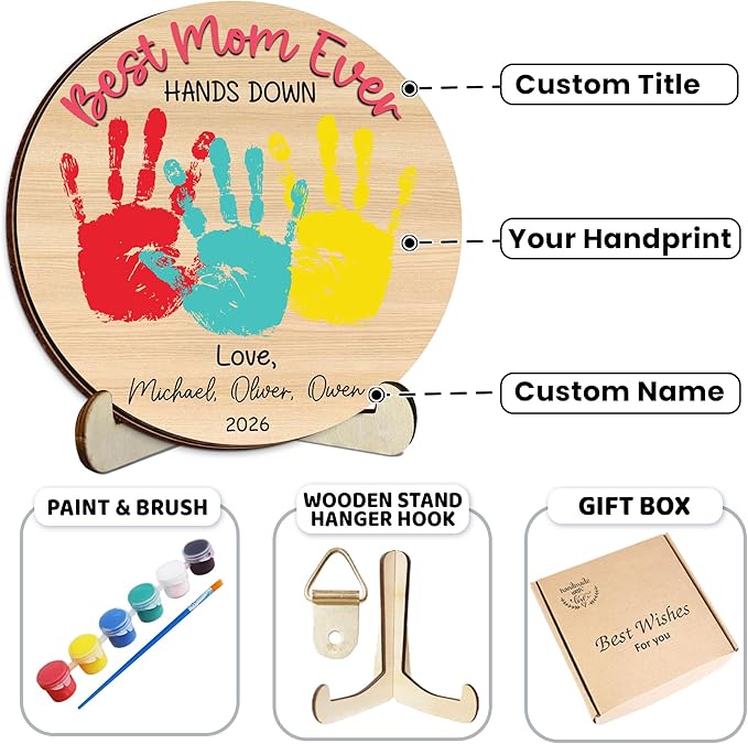 Personalized Hands Down Best Grandma Ever Handprint Kit with Paint, Family Craft Wooden Sign, Fathers Day Handprint Plaque Keepsake, Valentines Day Birthday Gift for Mom, Dad, Grandma, Nana