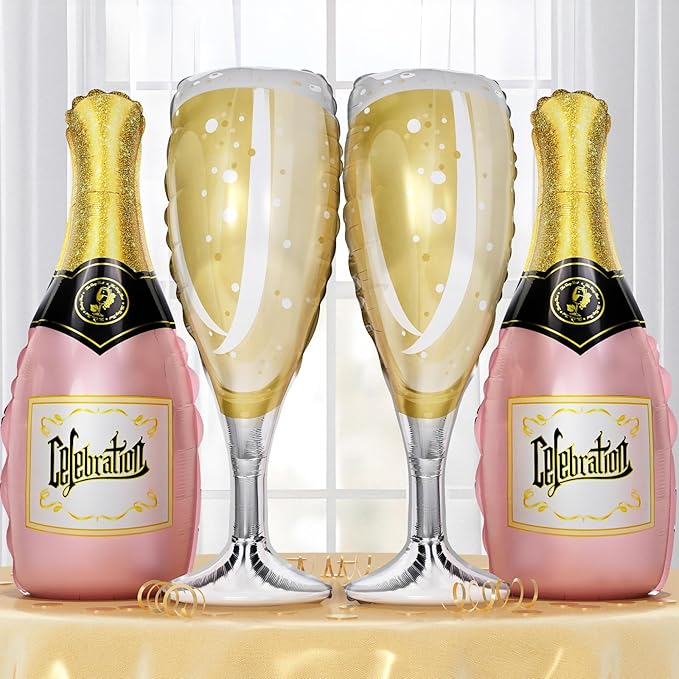 Champagne Bottle Glass Balloons 4pcs, Large Champagne Wine Foil Mylar Balloons for Women Girls Birthday Bachelorette Bridal Shower Wedding Anniversary Engagement Celebration Party Decorations Supplies