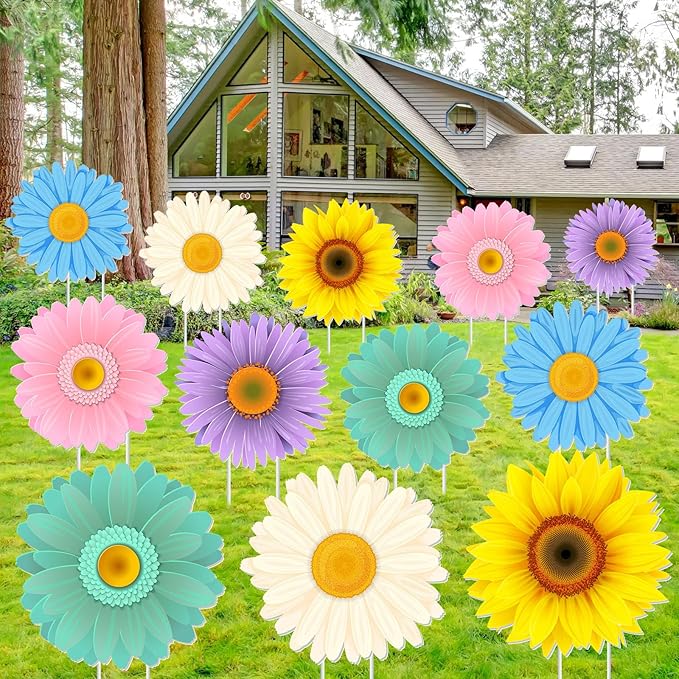 Amyhill 12 Pcs Spring Flower Yard Decoration for Outdoor Floral Daisy Garden Lawn Signs with Stakes Waterproof Hello Spring Decor for Easter Festive Holiday Party Patio Lawn Walkway Decorations