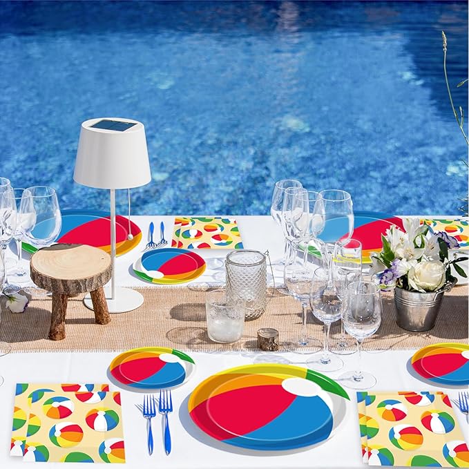 96 Pcs Summer Pool Beach Party Paper Plates Napkins, Beach Pool Ball Party Decorations Supplies Disposable Dinnerware Tableware for Kids, Serves 24