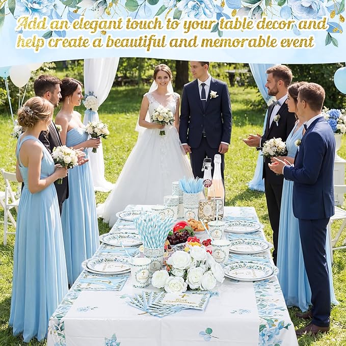 Ceenna 452 Pcs First Communion Party Decoration Boy for 50, Blue Baptism Paper Plate Napkin Cup Tablecloth Cutlery Straw God Bless Disposable Tableware for Christening Religious Baby Shower Supplies