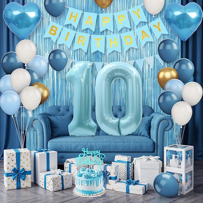 10th Birthday Decorations Blue White Gold,10th Birthday Balloons with Happy Birthday Banner Fringe Curtain Heart Foil Balloons for Boys Girls 10 Year Old Birthday Decor