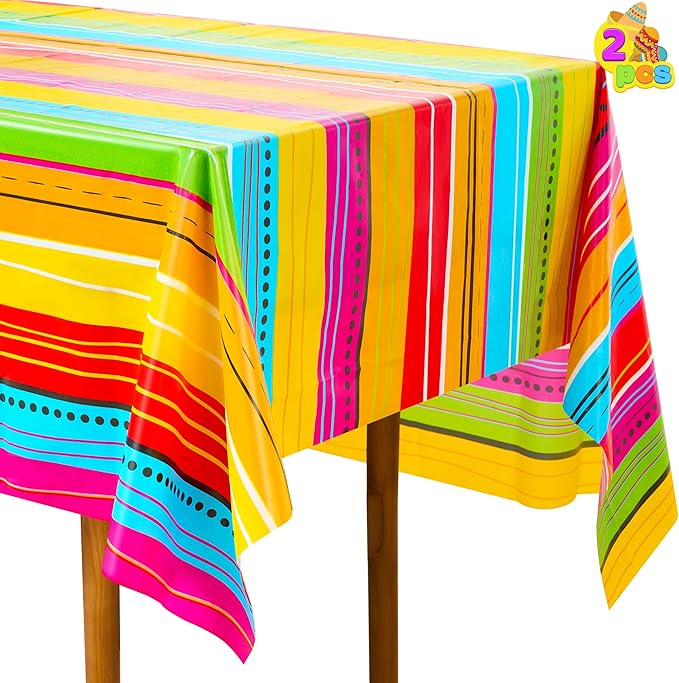 JOYIN 2 pcs Cinco De Mayo Printed Plastic Tablecover (54 x 108 INCHES), Multi Color Fiesta Style Tablecloth for Mexican Themed Party, Taco Night, Birthday