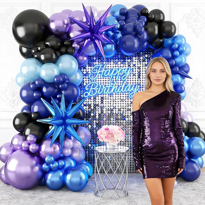 Black Purple Blue Balloon Arch Garland Kit, Metallic Blue Purple Balloons Kit with Stars Foil Balloon for Video Game Theme Party Birthday Baby Shower Engagement Decor Supplies