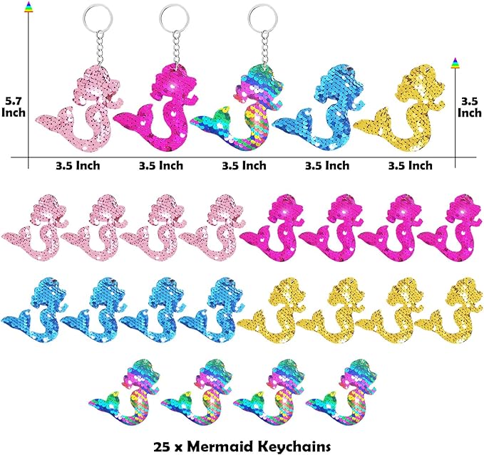 CiciBear 25 Pack Mermaid Double-Deck Flip Sequin Keychains for Sea Themed Party Favors, Birthday,Carnival,Goodie Bag Stuffers, Anniversary,5 Colors