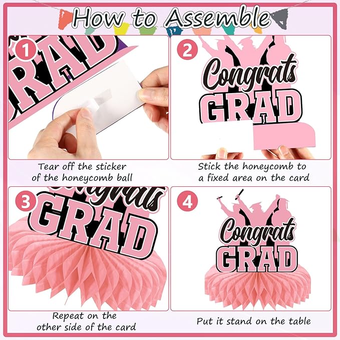 Yisong 9 Pieces 2026 Graduation Party Table Decorations Class of 2026 Congrats Graduation Centerpieces for Tables Congratulate Honeycomb Centerpiece Topper for Grad Party Supplies (Pink, Black)