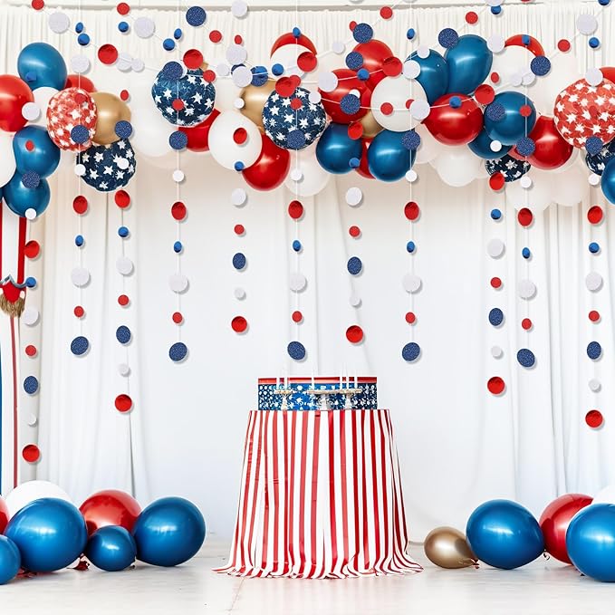 Outus 5 Pieces Blue,White,Red Round Dots Garland Easter Graduation Party Hanging Decor Each Length 13.1ft Glitter Paper Dot Streamers for Birthday Wedding Classroom