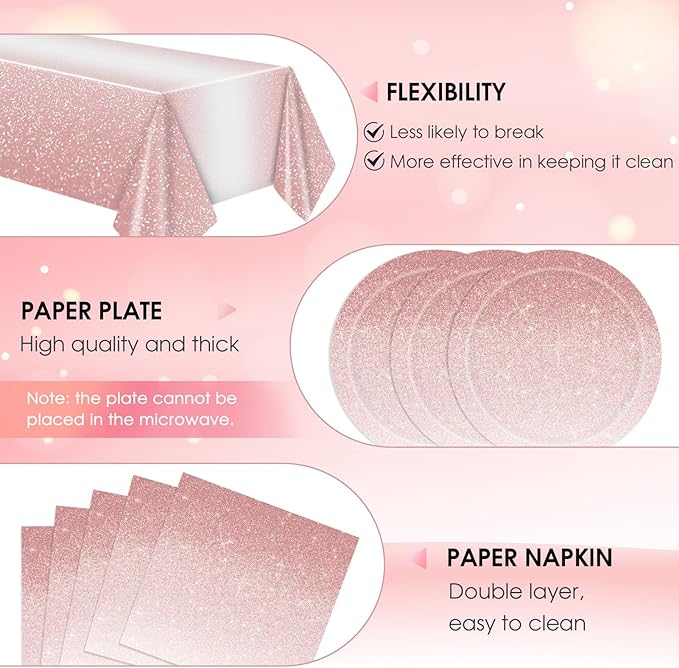 41Pcs Ombre Rose Gold Birthday Decorations,Gradient Pastel Rose Gold Party Supplies Birthday Party Disposable Paper Plates Napkins Tablecloth丨Women Girls Birthday Wedding Princess Party Decor,Serve 20