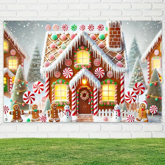 Christmas Banner Gingerbread House Peppermint Candy Cane Snowman Holiday Winter Wonderland Party Wall Decor Backdrop for Home Indoor Outdoor Photo Prop 71 X 43 Inches Large Banner