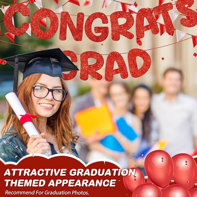 Fulmoon Pre Strung Congrats Grad Banner Glitter Congratulations Banner College Graduation Sign Class of 2026 Grad Party Decorations for High School University Graduation Party Favor(Red)
