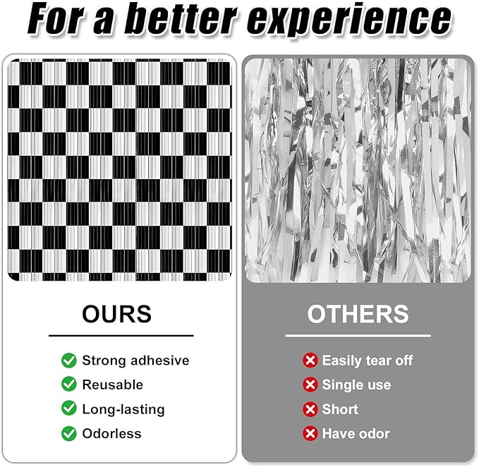 Crosize 2 Pack 3.3 x 9.9 ft Race Car Party Decorations Fringe Curtains, Black & White Tinsel Curtain Backdrop for Parties, Door Streamers, Glitter Streamer Backdrop for Birthday Decoration