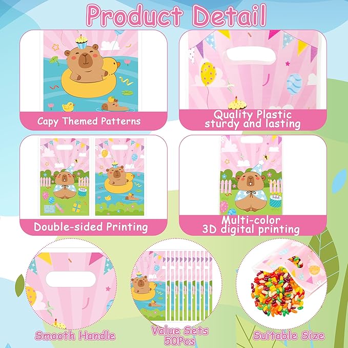Capy Party Favor Bags - 50Pcs Pink Capy Patterns Goody Candy Treat Bags, Cute Animals Themed Party Decorations for Kids Boys Girls Birthday Baby Shower Animals Events Supplies