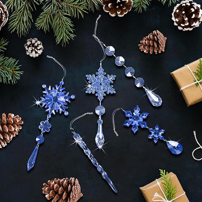 18pcs Crystal Christmas Ornaments for Christmas Tree Decorations-Dark Blue and Light Blue Hanging Acrylic Snowflake and Icicle Ornaments with Drop Pendants for New Year Party Decorations Supplies