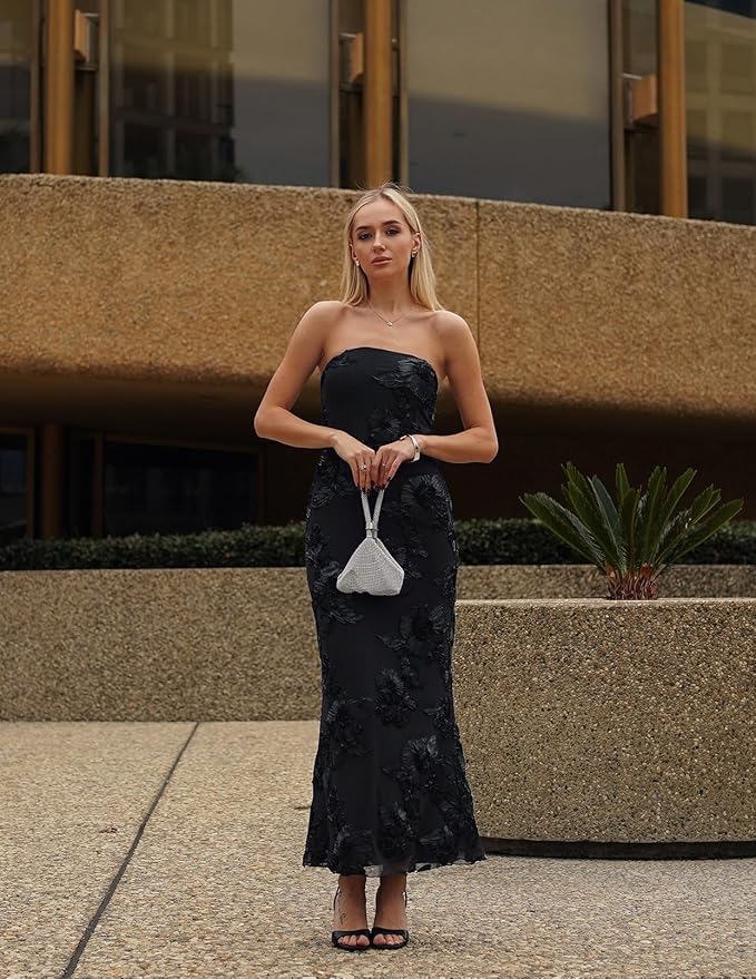 MEROKEETY Women's Floral Strapless Maxi Dress 2026 Summer Mesh Tube Bodycon Formal Wedding Guest Cocktail Party Long Dresses