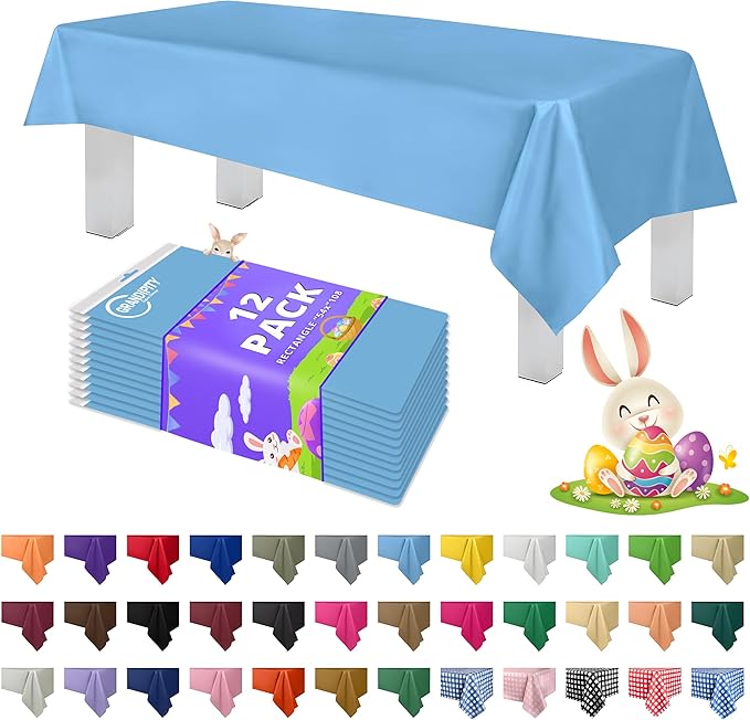 Grandipity 12 Pack Premium Disposable Plastic Tablecloth 54 Inch. x 108 Inch. Decorative Rectangle Table Cover - Sky Blue