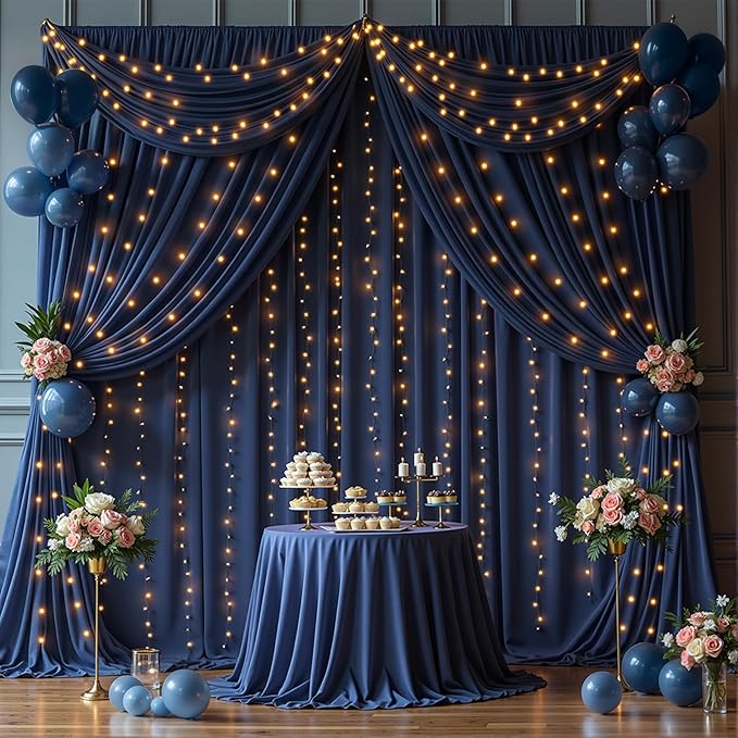 10 x 10ft Navy Blue Backdrop Curtains with Lights String for Wedding Polyester Photo Backdrop Drapes Wrinkle Free White Curtains Backdrop for Birthday Parties Reception Baby Shower Ceremony, 2 Panels
